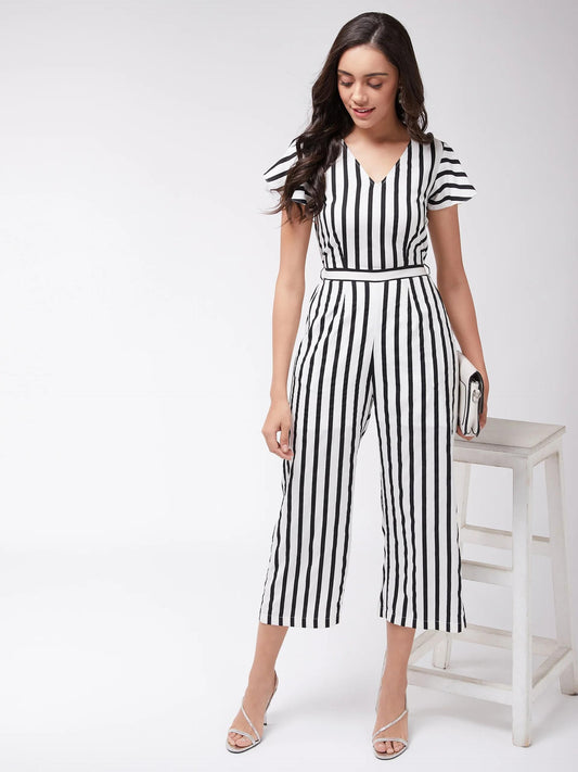 PANNKH Women's Black & White Monocromatic Stripes Jumpsuit ShopFastify